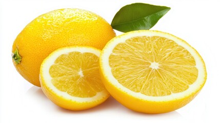 Juicy Lemons Slices and Leaf on White Background