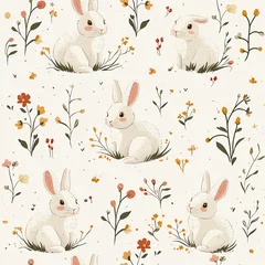 Cute spring seamless pattern with hares with flowers on a white background. For the holiday bright Easter