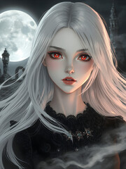 Ilustración artística de una vampira anime rodeada de niebla y misterio