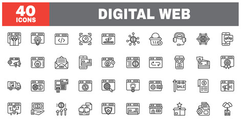 Set of 40 line icons digital web. Outline icon collection. Editable stroke. Vector illustration.