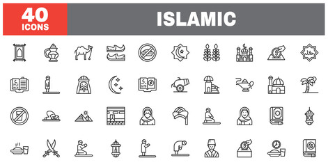 Set of 40 line icons islamic. Outline icon collection. Editable stroke. Vector illustration.