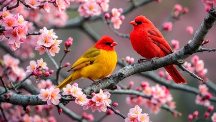 Bright yellow and red birds on blooming spring branch