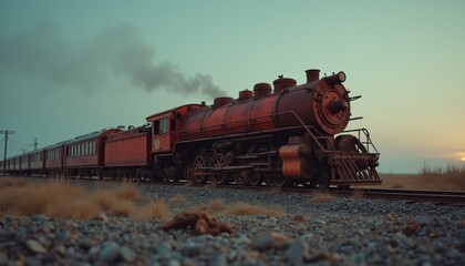 Naklejka premium Vintage steam train on railway tracks at dusk, showing detailed rusty locomotive and passenger cars against a soft, colorful sky