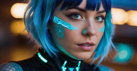 Obraz premium Cybernetic neon elegance with holographic futurism.