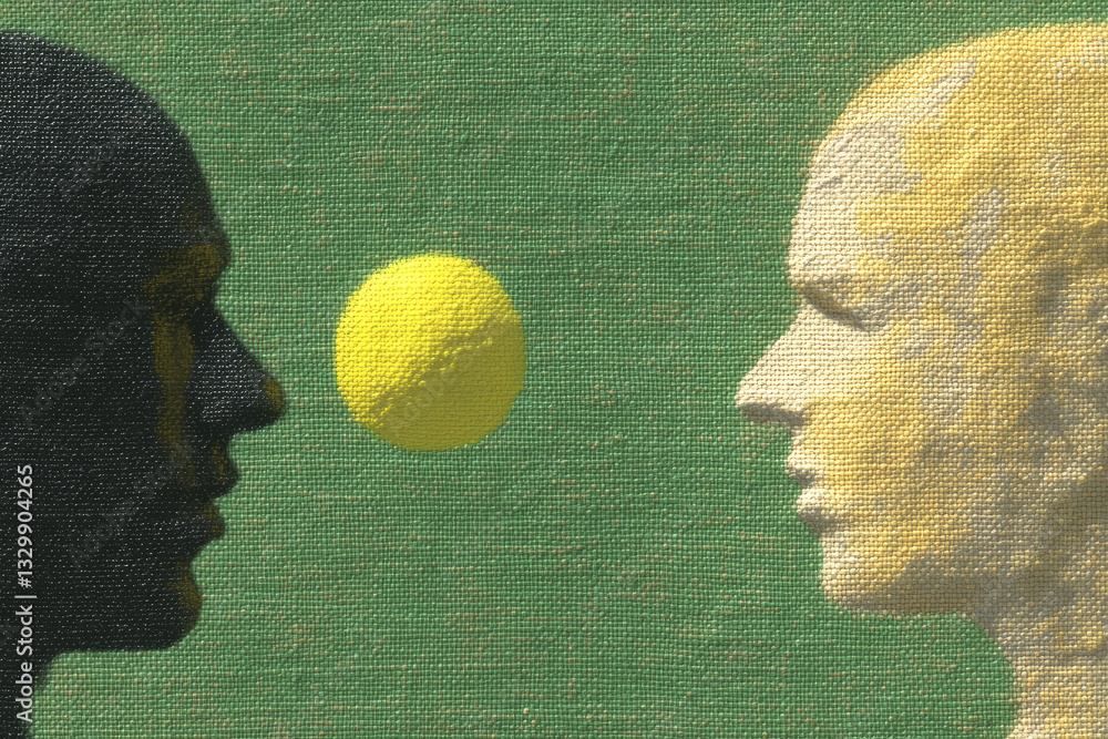 Aufkleber two abstract faces in profile, one dark and one light, face each other with yellow sphere between th
