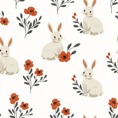 Cute spring seamless pattern with hares with flowers on a white background. For the holiday bright Easter
