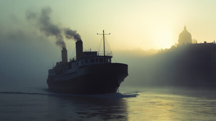 Obraz premium Cargo Ship in Fog at Sunrise