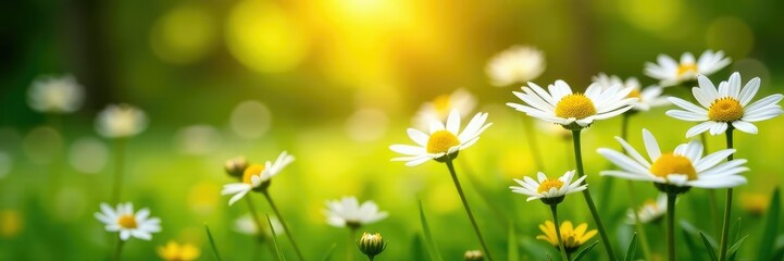Sunlit meadow with white daisies and bright yellow centers, white, daisies, garden © Latsamee