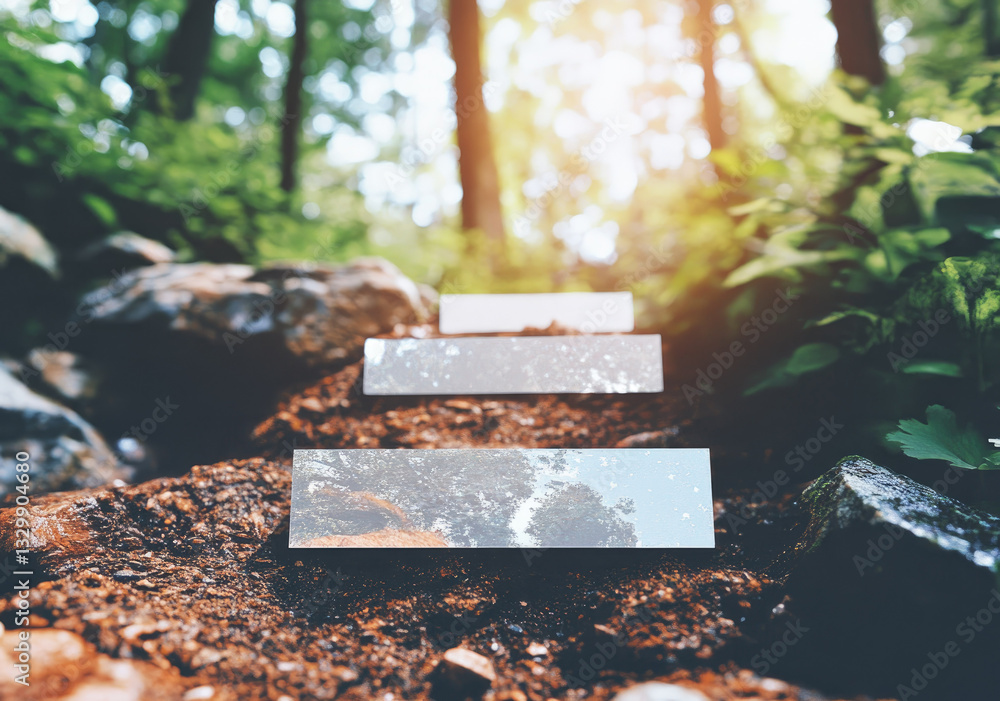 Poster mirrored steps on forest path reflect lush greenery and sunlight, creating surreal and tranquil atmo