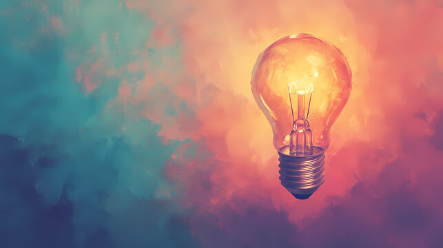A glowing light bulb radiates warmth and creativity, symbolizing ideas and inspiration in a vibrant, dreamy background. Whispering Light. Illustration