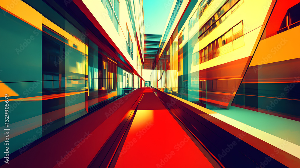 Poster long hallway adorned with a luxurious red carpet and modernist patterns illuminated by bright light 