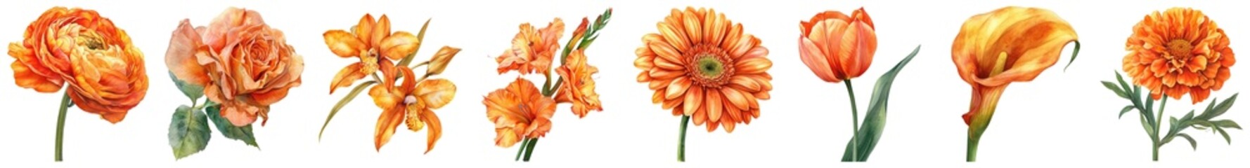 Vibrant Arrangement of Orange Flowers Featuring Various Shapes and Textures for Nature and Floral Designs
