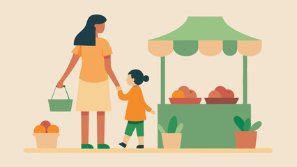 Fototapeta premium Happy Mother's Day: A vibrant flat color illustration of a joyful mother and daughter bonding amidst the cheerful chaos of a bustling farmers market, exploring fresh produce and 