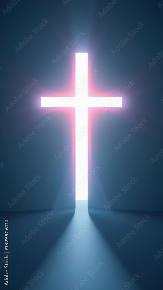 Poster christian cross shining brightly in a dark setting with rays of light emanating from behind.