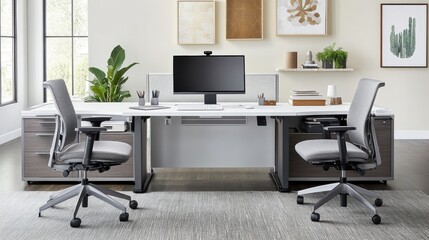 Modern Office Space with Desk and Ergonomic Chairs