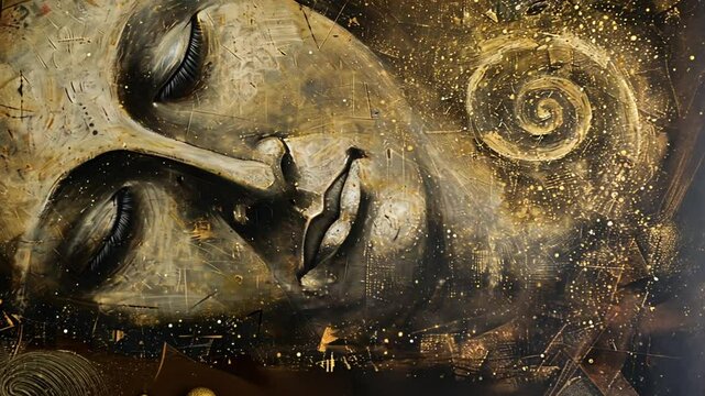 Alte Steinskulptur eines schlafenden Gesichts mit goldener Textur