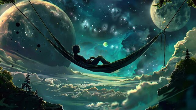 Mensch schaukelt unter einem beeindruckenden Nachthimmel mit Planeten