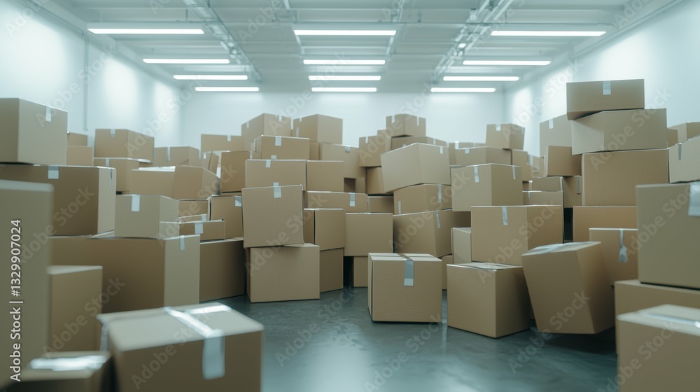 Poster shipping boxes stacked in a messy configuration inside a warehouse business environment overview con