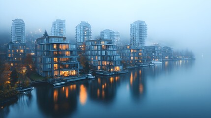 Obraz premium Tranquil Waterfront with Modern Condos Reflecting on Calm Water – Generative AI