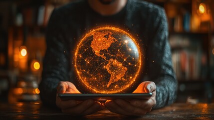 Global connectivity, digital sphere.  Hands hold tablet, holographic earth