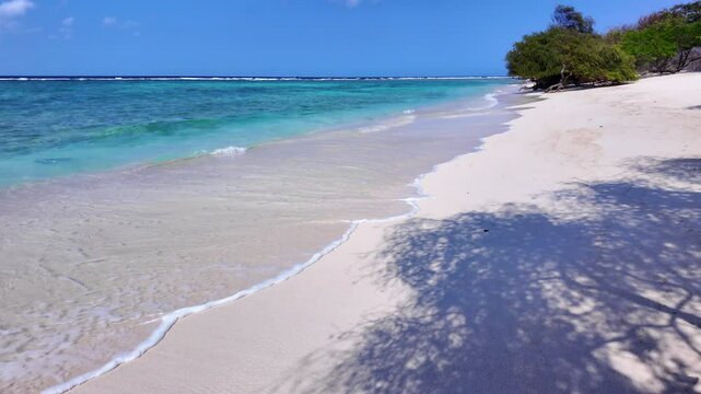 ocean coast with trees on tropical beach, turquoise sea water. Gili island Indonesia. Ideal for relaxation themes, vacation vibes and peaceful escape imagery, slow motion