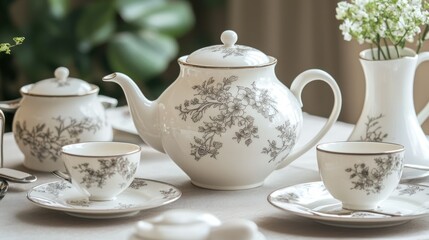 A delicate porcelain tea set with intricate floral designs, placed on an elegant table.