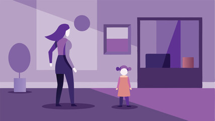 Mother's Day Art Gallery Adventure: A heartwarming flat color illustration of a mother and daughter joyfully exploring a vibrant art museum, sharing a special bond and creating    
