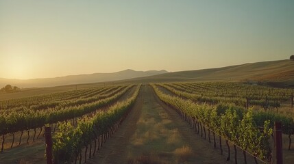 Fototapeta premium Serene Vineyard at Sunset Rows of Grapes Golden Hour Light