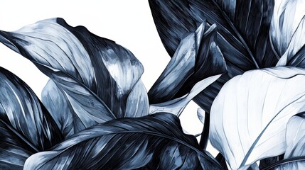 Close up of a leafy plant with a blue and white background. The blue and white colors give the image a calm and serene mood