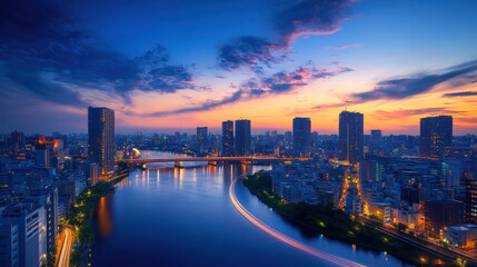 Fototapeta premium stunning high angle view of Japanese city skyline dusk, showcasing modern buildings, river, and vibrant city lights reflecting water. sky is painted with beautiful hues of blue and orange