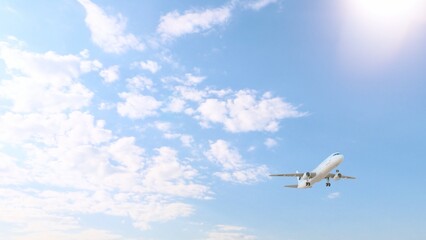 ULTRA HD. Airplane flies in blue sky. Travel. Airplane takes off against the background of blue sky. 