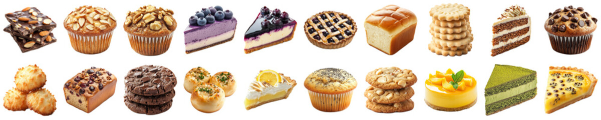 Assorted Bakery Treats Including Cupcakes, Pastries, Cakes, and Cookies Perfect for Celebrations, Parties, and Gourmet Dessert Displays. Piquant food set.
