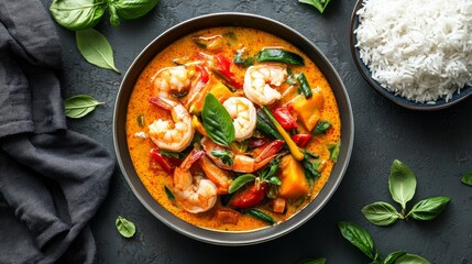 Topdown shot of thai shrimp and vegetable dish thailand food photography culinary scene aerial view gigapixel quality