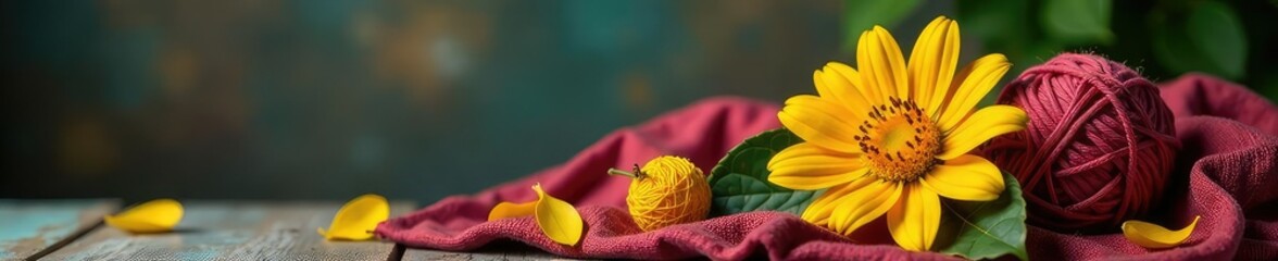 Obraz premium Textile covered chest with yarn ball and yellow flower, leaf, yarn, chest