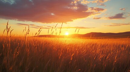 Fototapeta premium Vibrant Sunset Over Golden Grass Field