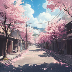 Beautiful view of a street with blooming cherry trees in spring