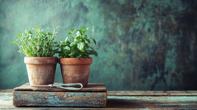 Fresh herbs in terracotta pots, rustic setting