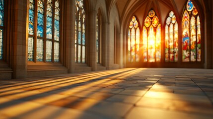 Obraz premium Sunlit Cathedral Interior with Stained Glass Windows