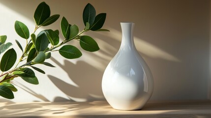 A sleek white ceramic vase on a minimalist shelf, paired with a few green leaves.