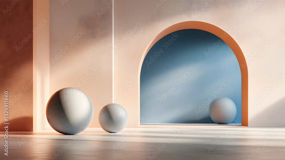 Poster Three eggs placed in a room surrounded by multi-dimensional geometry in contrasting shades capturing intriguing visual dynamics.