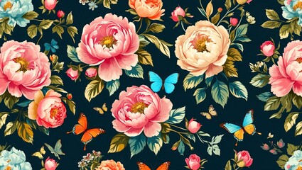 Elegant vintage floral pattern with peonies and butterflies