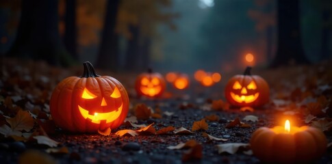 The air is filled with the warm glow of jack o lanterns on the ground, candlelight, cozy, illuminated