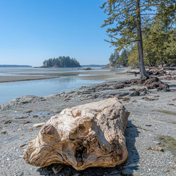 Driftwood on a tranquil beach, island backdrop, sunny day