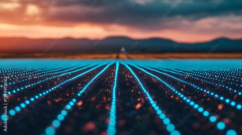 Poster futuristic solar farm with connected smart technology optimizing power efficiency