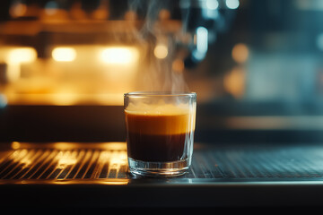 Dark Coffee in Glass Cup on Wooden Table with Dramatic