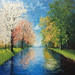 Beautiful spring landscape with river, trees and flowers. Digital painting.