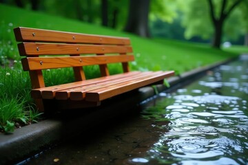 Fototapeta premium The curved shape of a wooden bench echoes the flow of rainwater, Water, Bench