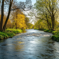 Beautiful spring landscape with river, trees and flowers. Digital painting.