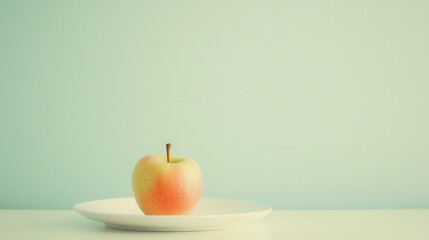 A Single Apple on a White Plate Against a Pale Green Background
