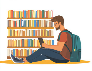Young man sitting on floor with laptop in library, surrounded by books, focused on his work. atmosphere is calm and studious, perfect for learning
